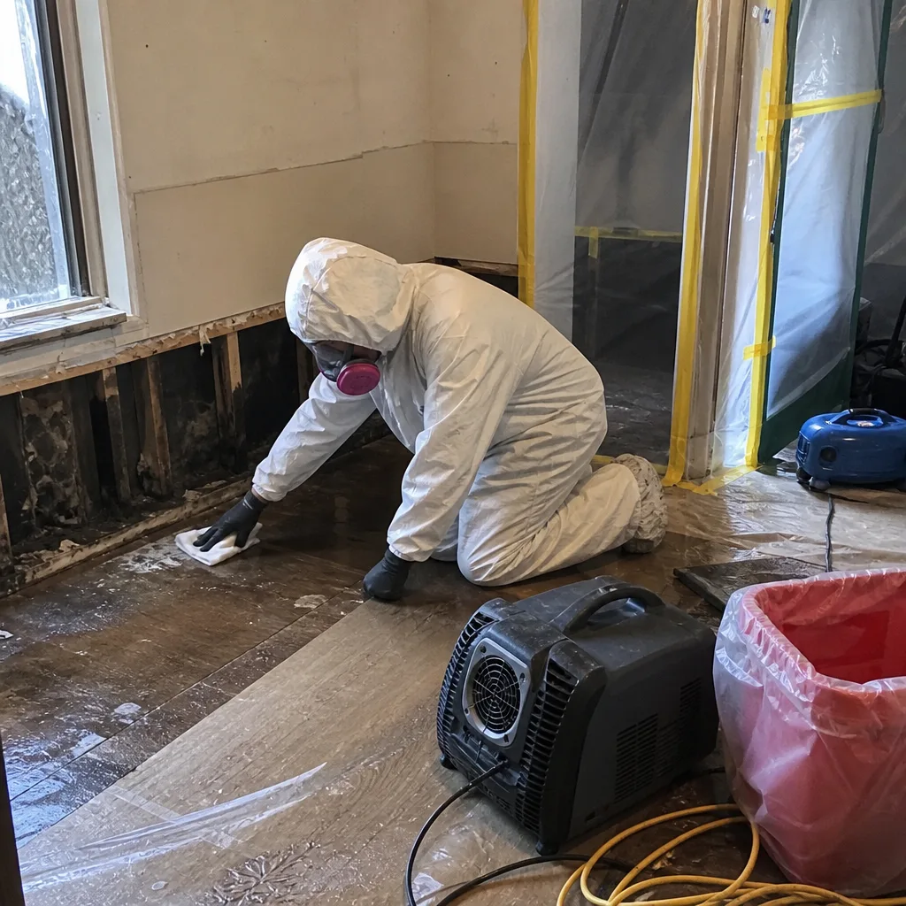 Professional biohazard cleanup technician in PPE cleaning water-damaged floor in East Bronx, NY