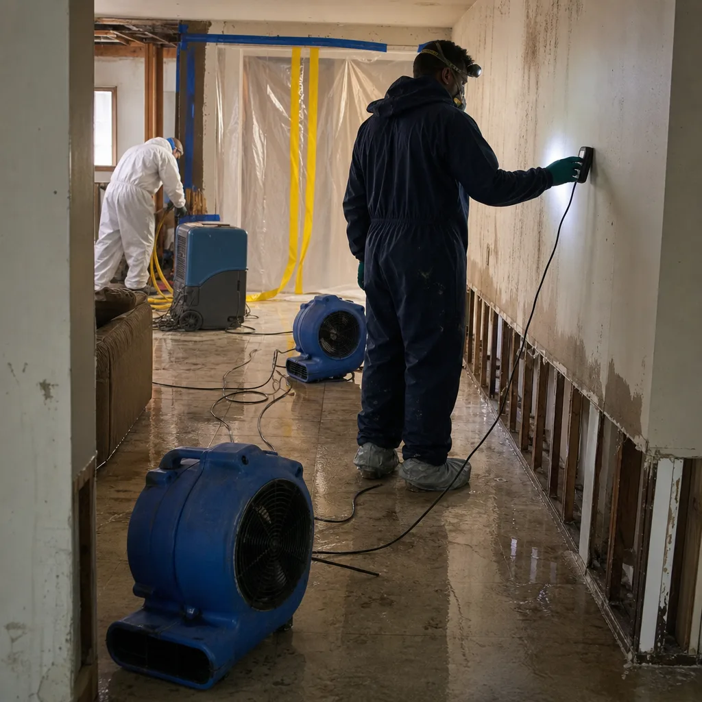 Restoration professionals using air movers and moisture meters for water damage mitigation in East Bronx, NY