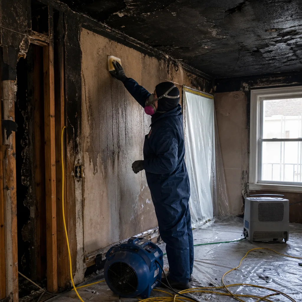 Professional technician cleaning fire and smoke damage from a residential wall
