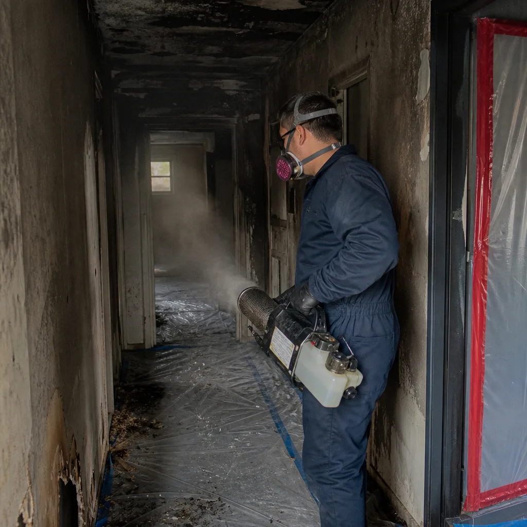 Technician using fogging equipment for professional fire and smoke damage restoration