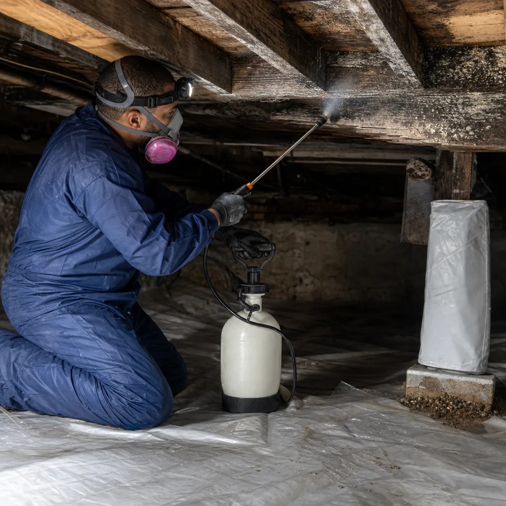 Professional technician performing mold remediation in a dark crawl space