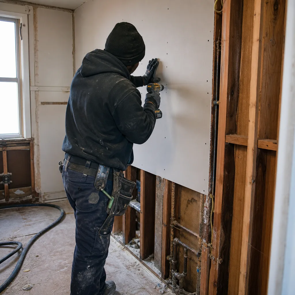 professional contractor installing drywall panels in a residential home renovation in East Bronx, NY