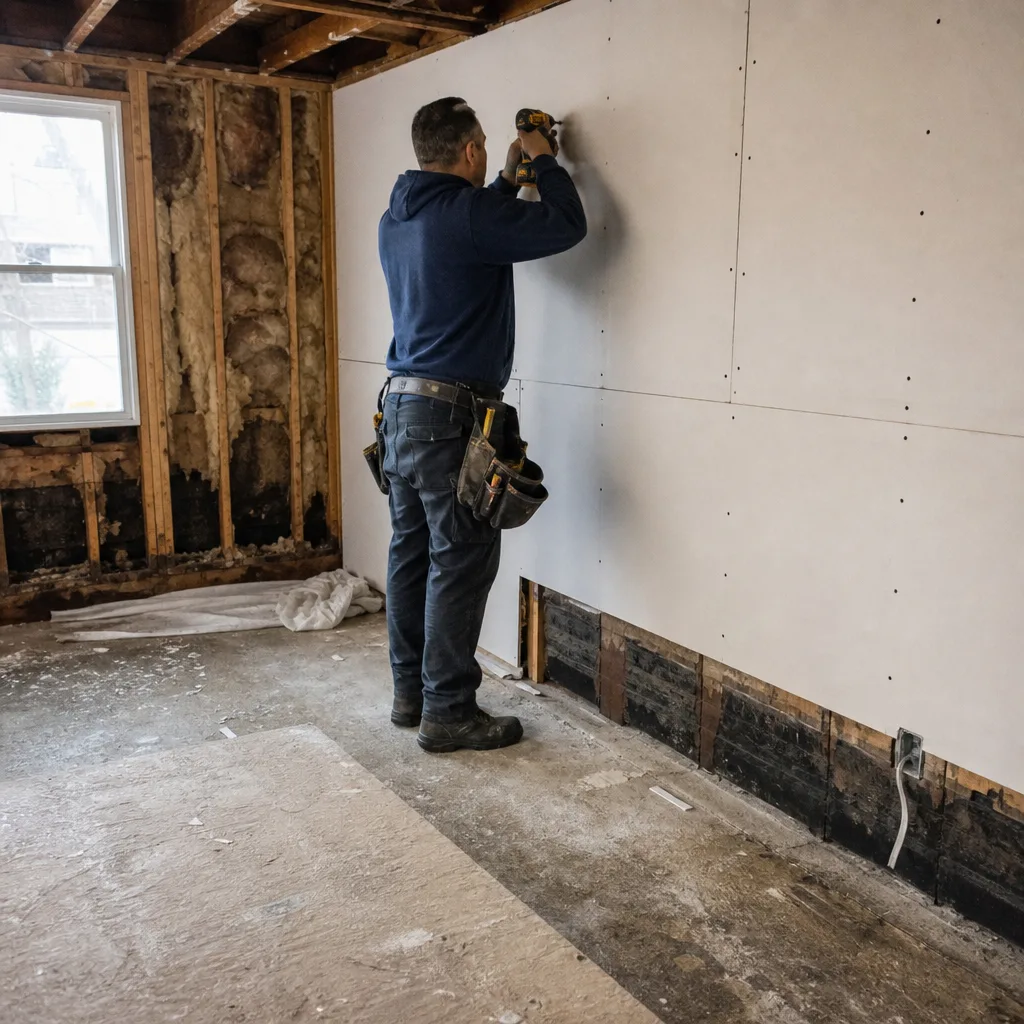 Professional contractor installing drywall during room reconstruction and damage restoration project in East Bronx, NY