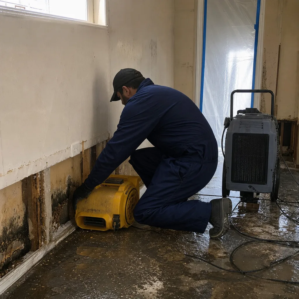 Technician using professional equipment for flood damage sanitization and moisture removal in East Bronx, NY
