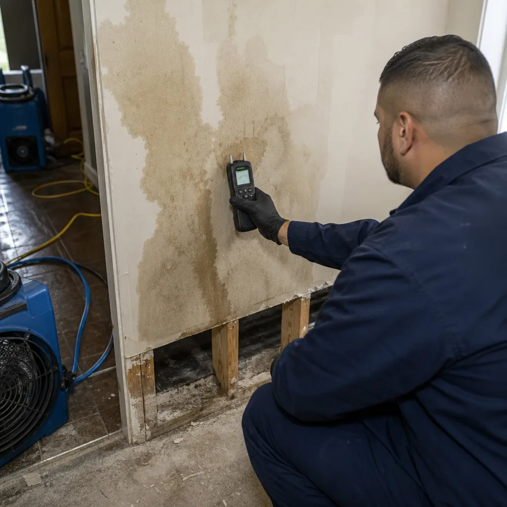 Professional technician performing water damage assessment with a digital moisture meter in East Bronx, NY