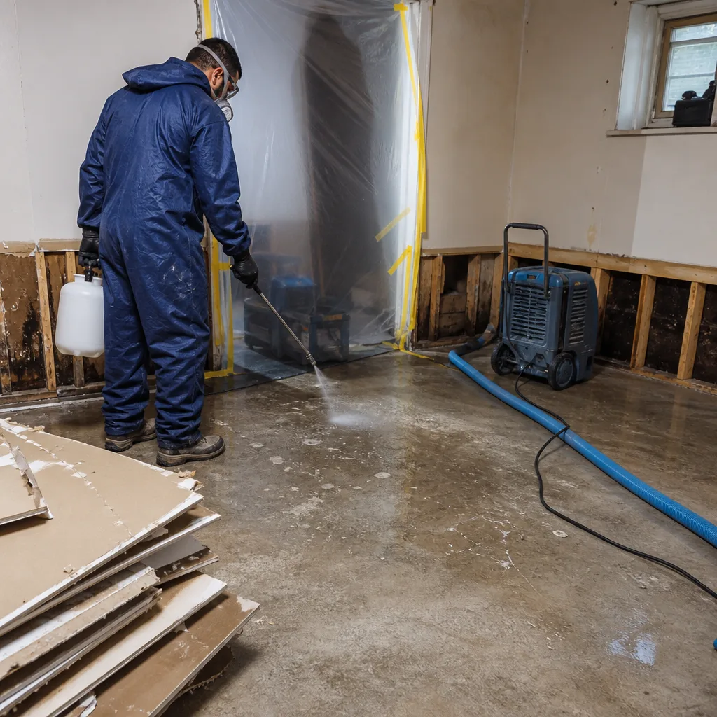 Professional technician performing sewage cleanup and sanitation in a damaged residential basement in East Bronx, NY